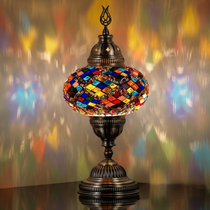 Table Lamp Lantern Cordless Hand-Placed Mosaic Antique Bronze