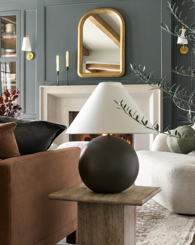 Table Lamp: Large Cream Ceramic Sculptural Base with Tapered Drum Shade