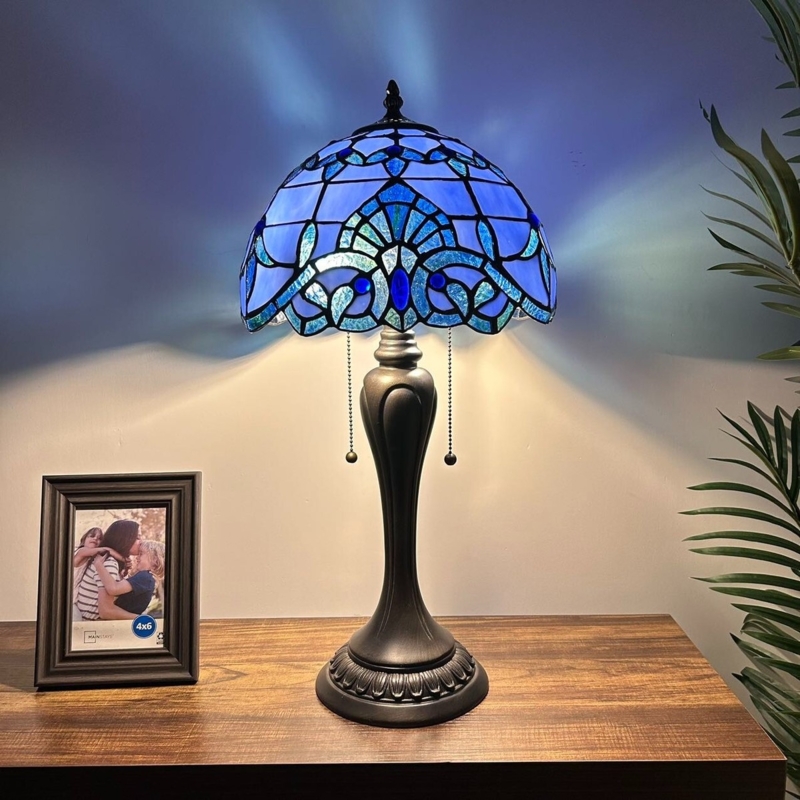 Table Lamp, Lavender Glass, Baroque Ornamentation, Patinated Finish