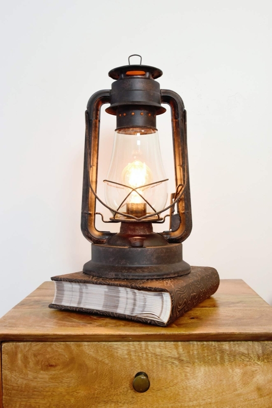 Table Lamp Matte Black Lantern Round Wood Base Edison Bulb Industrial
