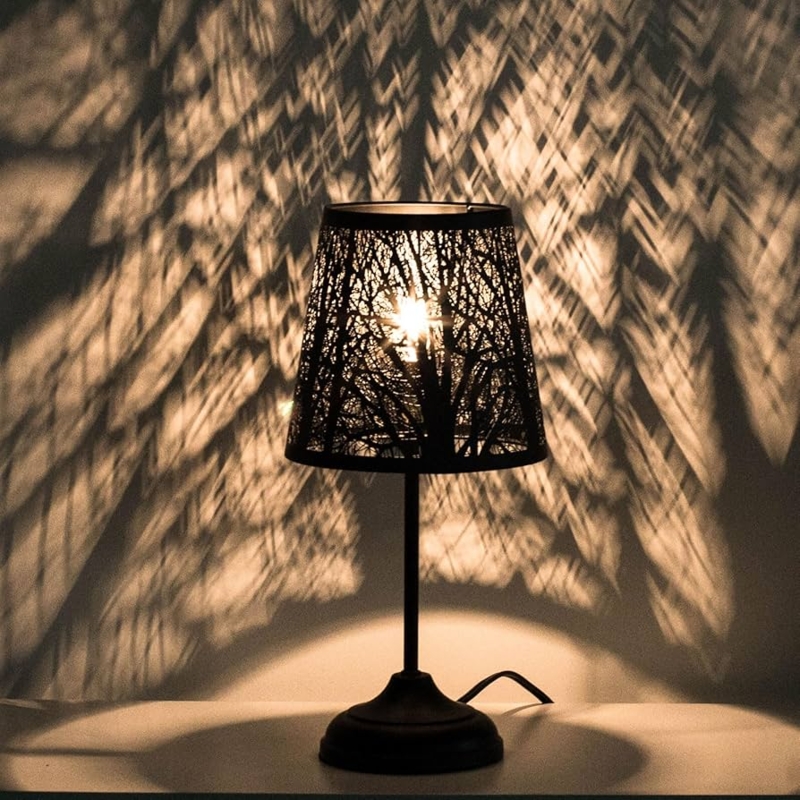 Table Lamp Matte Black Metal Laser Cut Tree Pattern Shadow