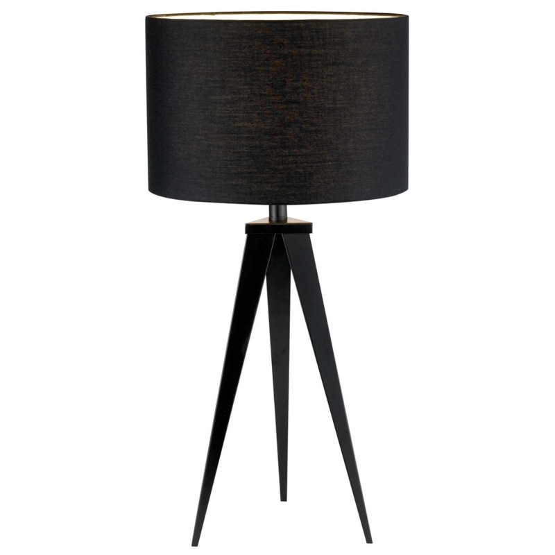 Table Lamp Matte Black Metal Tripod Base Drum Shade Pull Chain
