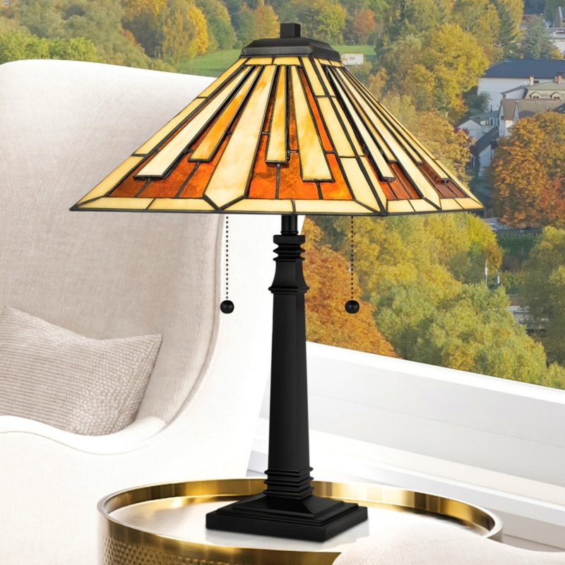 Table Lamp, Matte Black Mission Base, Geometric Glass, Craftsman Style
