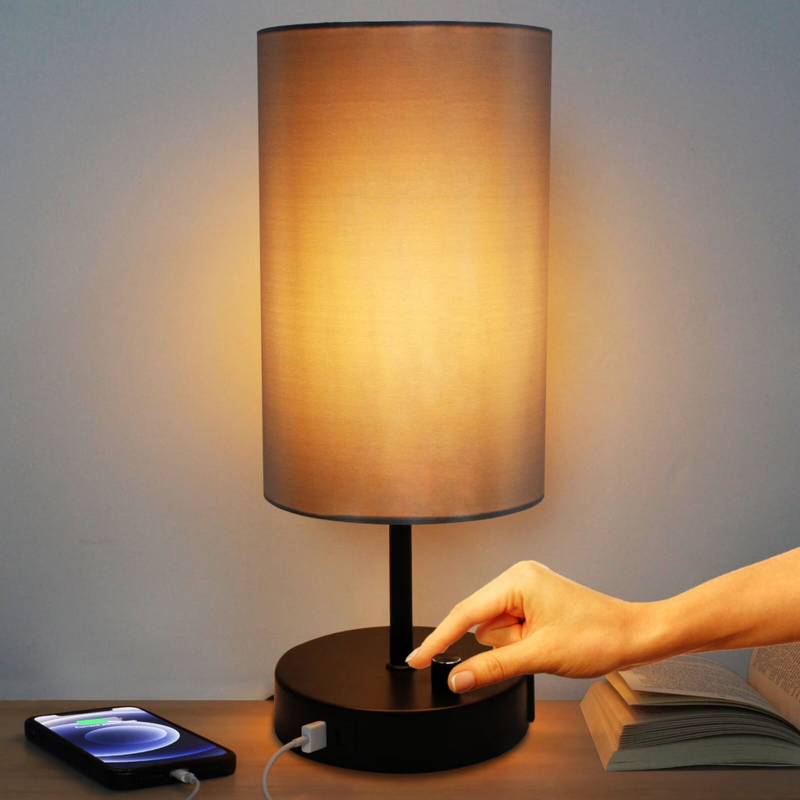 Table Lamp Matte Black Rotary Switch Bedside Lamp With USB