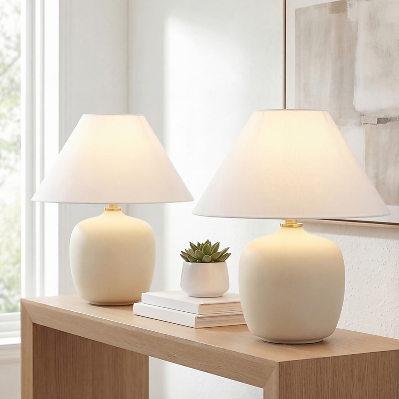 Table Lamp: Matte Cream Rounded Base, Scandinavian Minimalist Lighting