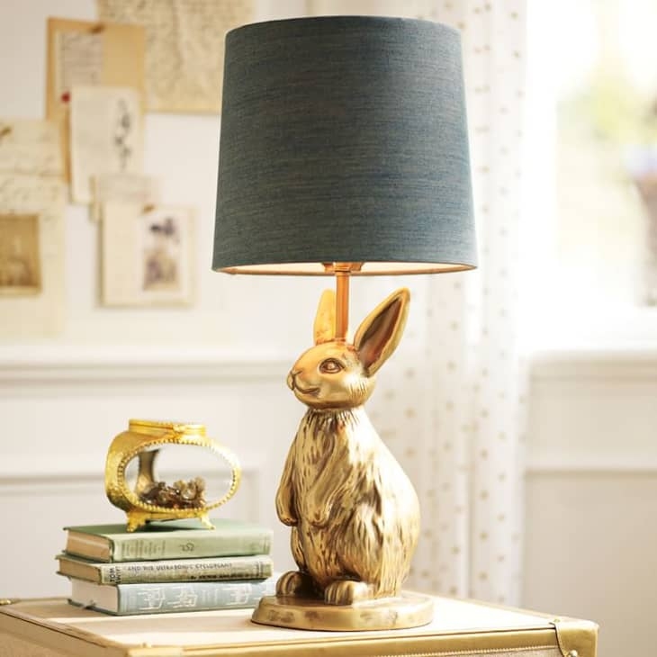 Table Lamp: Matte White Rabbit Shape with Exposed Bulb, Modern Eclectic.