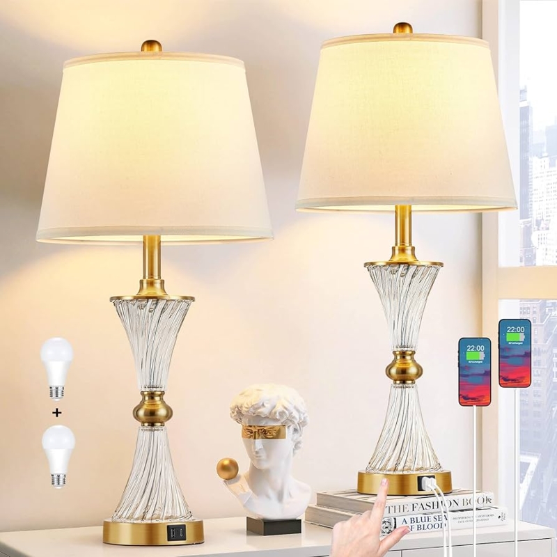 Table Lamp Mercury Glass Body Gold USB C and A Ports