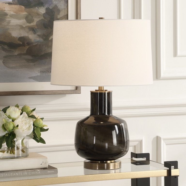 Table Lamp Metallic Accents Ribbed Base Transitional Linen Shade