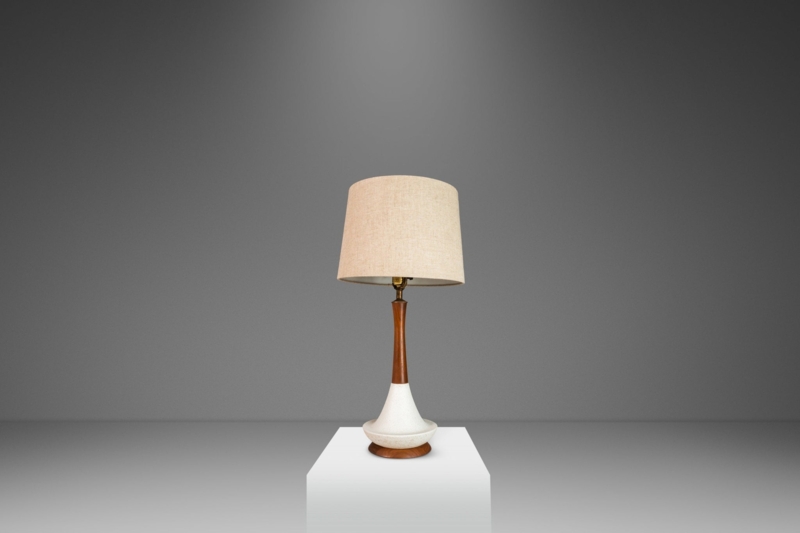 Table Lamp Mid-Century Ceramic Lamp, Mottled Glaze and Wood Accents