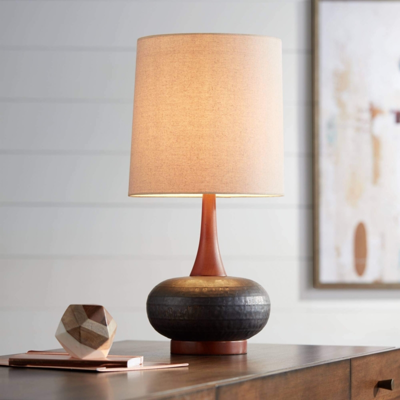 Table Lamp Mid Century Modern Hammered Bronze Ceramic Tall Drum Shade