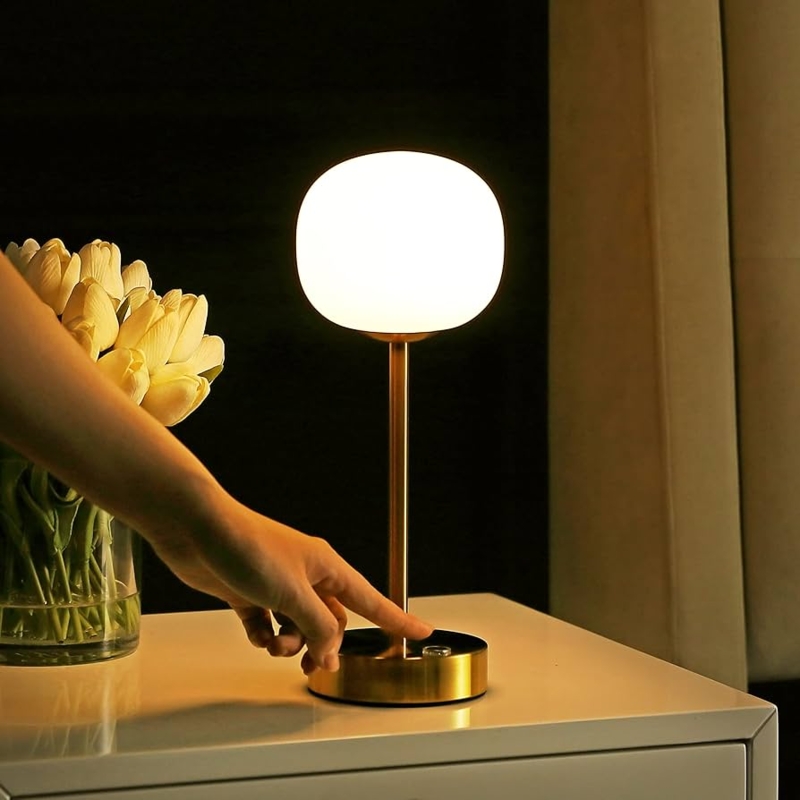 Table Lamp Mid Century Modern White Trumpet Base Brass Accents Cordless