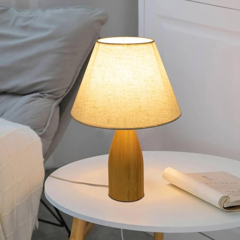 Table Lamp Mid-Century Mushroom Lamp, Wood Base with Linen Dome Shade