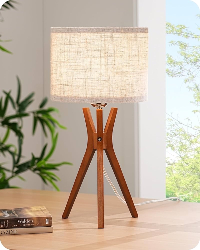 Table Lamp Mid-Century Tripod Bedside Lamp, Dark Wood and Linen Shade
