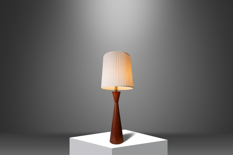 Table Lamp Mid-Century Walnut Lamp, Turned Wood Hourglass Base