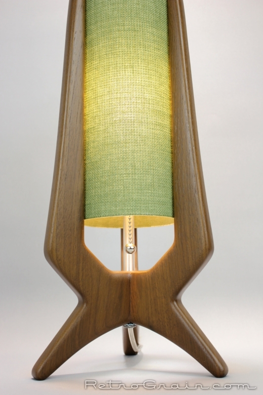 Table Lamp Midcentury Walnut Wood Tripod Base Dark Green Shade