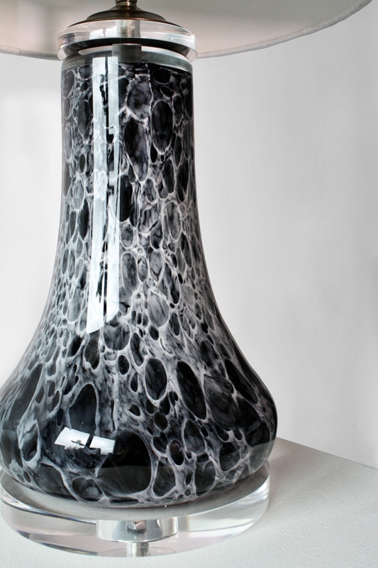 Table Lamp: Milky Blown Glass Base, Swirl Texture, Gold Accents. Vintage Style