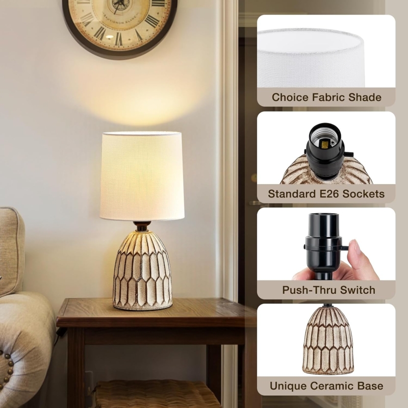Table Lamp Mini Ceramic Hand-Painted Botanical Base, Boho Chic Accent
