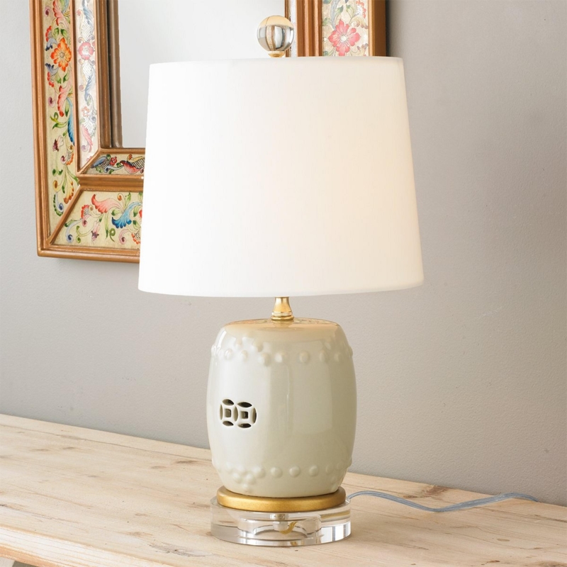 Table Lamp, Mini Gray Porcelain Crackle Glaze Base, White Drum Shade