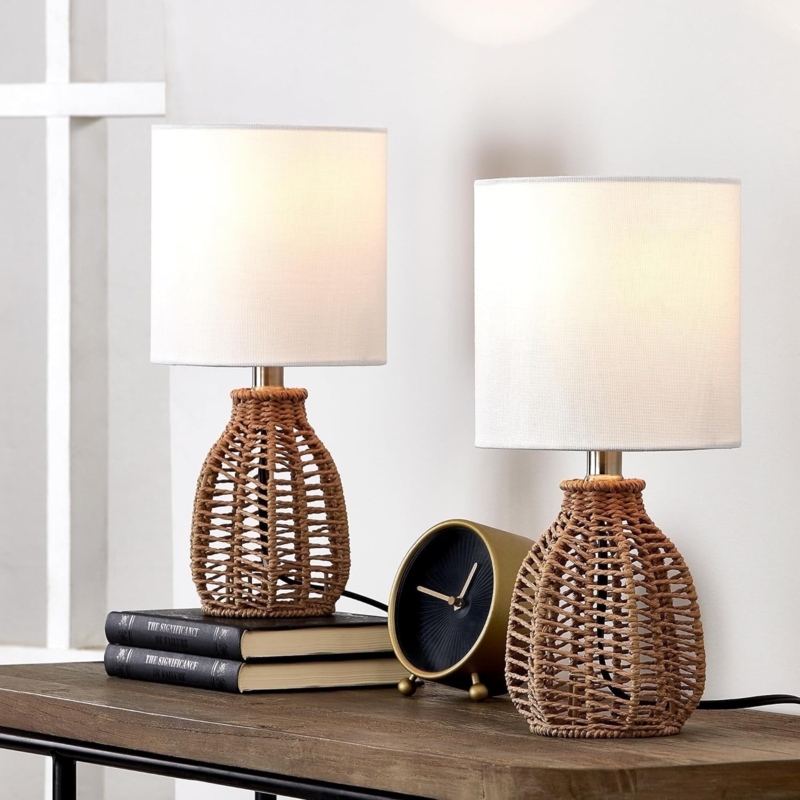 Table Lamp Mini Pair Spherical Woven Rattan Boho Bedside Lamps