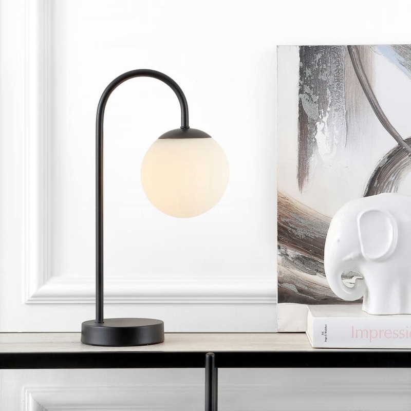 Table Lamp Minimalist Arched Base Black Metal Matte Finish Globe
