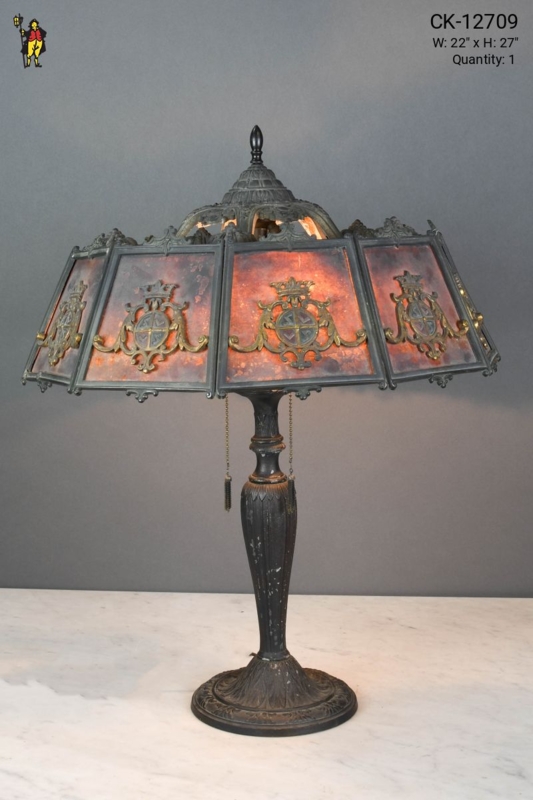 Table Lamp: Mission Style Bronze Base with Amber Mica Rectangular Shade.
