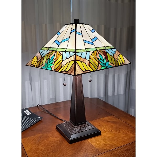Table Lamp Mission Style Geometric Stained Glass Angular Bronze Base