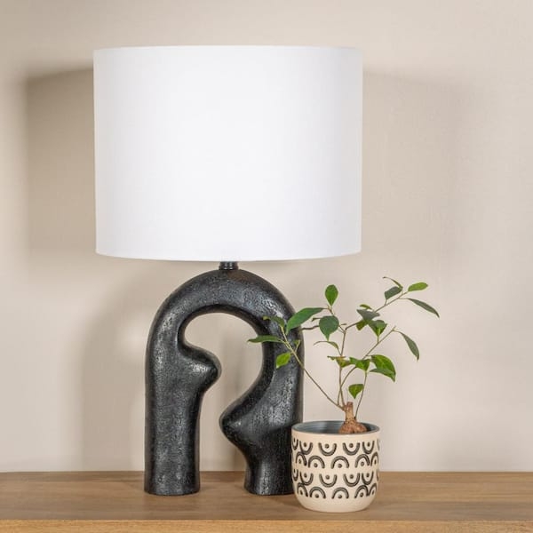 Table Lamp, Modern Abstract Looped Form Base, White Drum Shade, Black