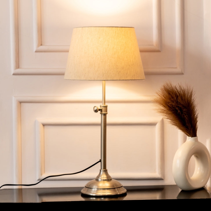Table Lamp Modern Adjustable Height Brushed Metal Woven Texture Shade