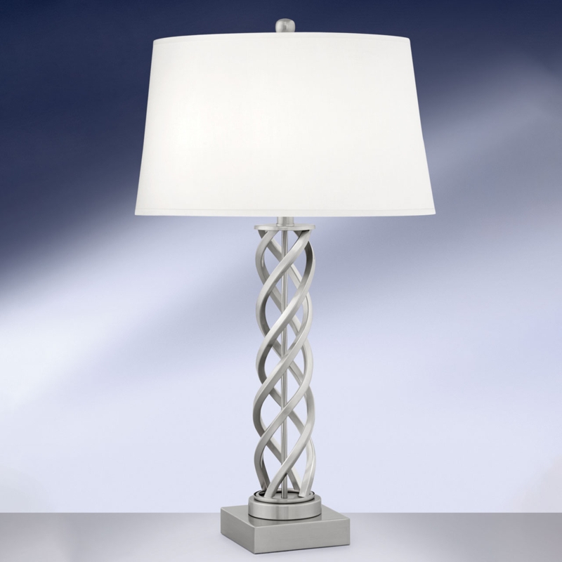 Table Lamp Modern Brushed Steel Helix Base White Drum Shade Minimalist