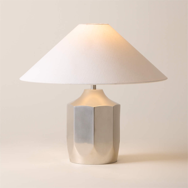 Table Lamp Modern Bulbous Metal Base Tall Linen Drum Shade