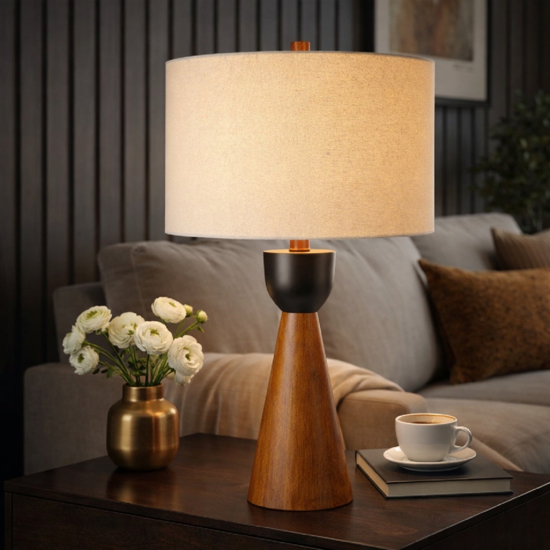 Table Lamp, Modern Geometric Wood Toned Circular Cutout Base, Linen Shade