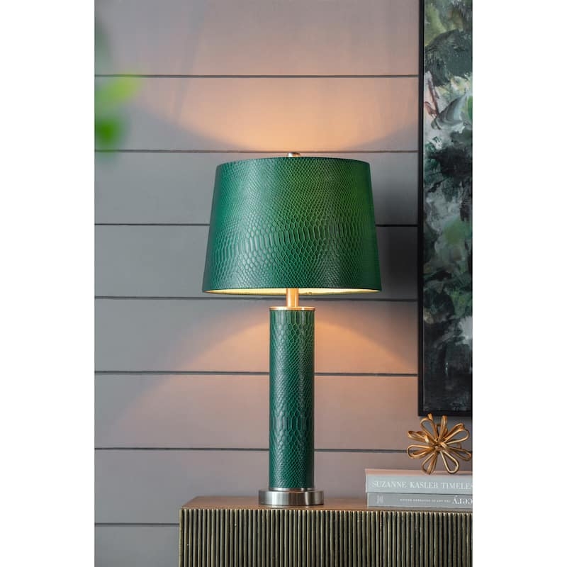 Table Lamp Modern Glam Emerald Green Rectangular Crocodile Pattern
