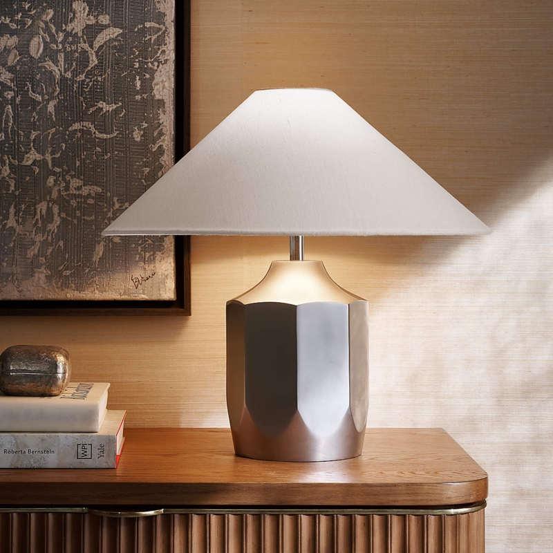 Table Lamp Modern Low Profile Metal Base Linen Drum Shade