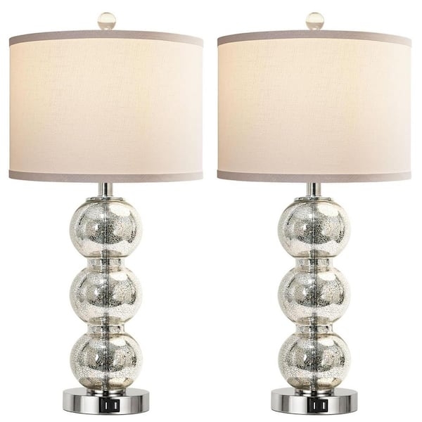 Table Lamp Modern Mercury Glass Triple Sphere Base White Drum Shade