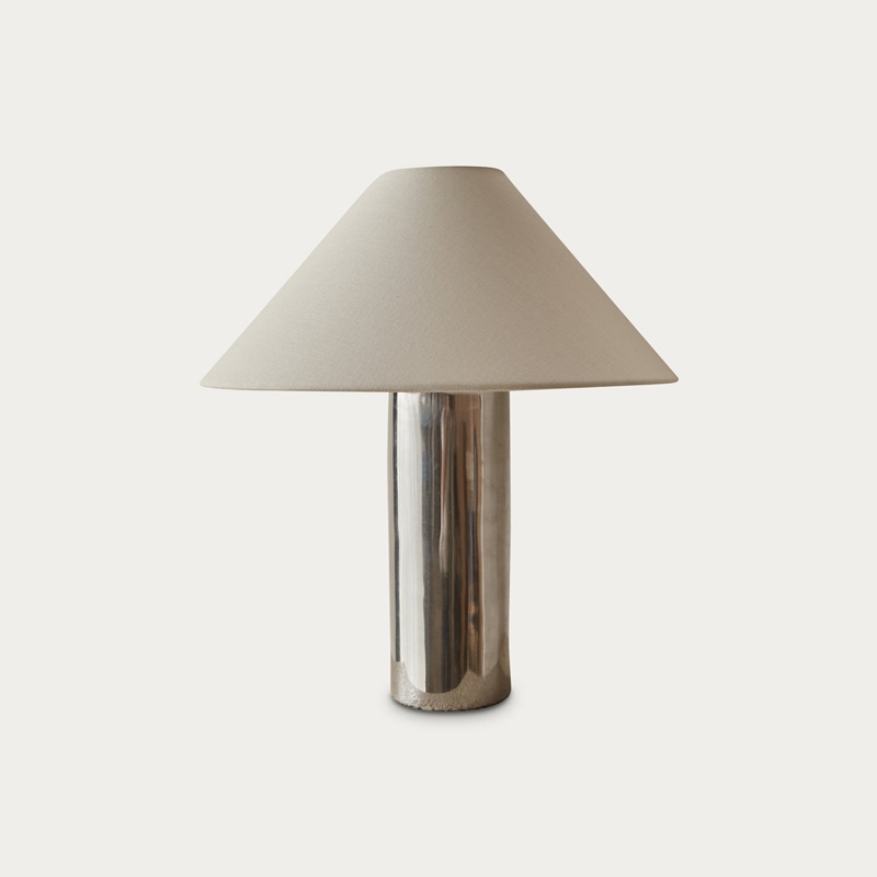 Table Lamp Modern Sculptural Wide Chrome Base Cream Pleated Shade