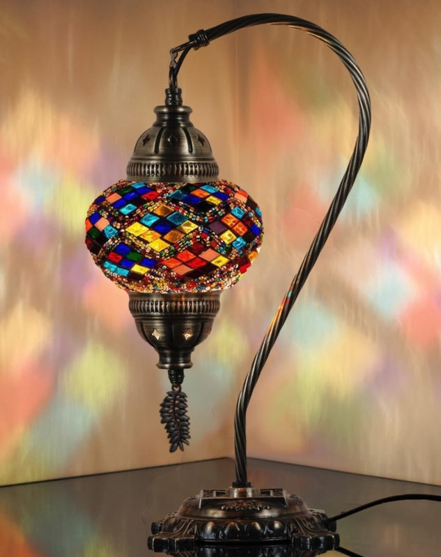 Table Lamp Moroccan Style Curved Neck Mosaic Glass Antique Brass