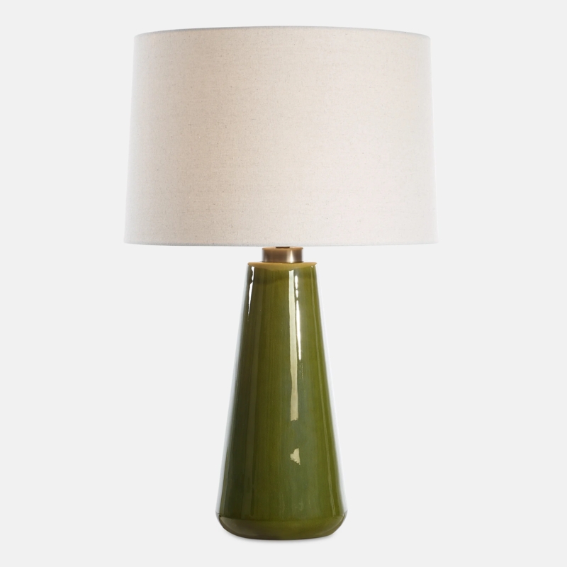 Table Lamp Moss Green Ceramic Ribbed Bulbous Base Gold Toned Neck