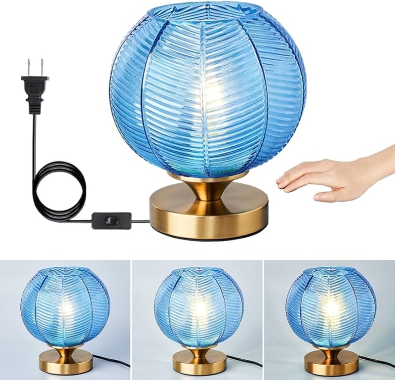 Table Lamp Mushroom Shape Blue Ribbed Glass Mid-Century Modern