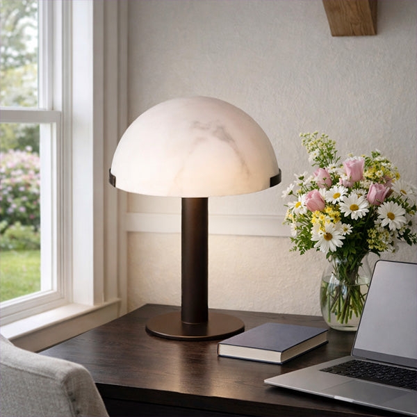 Table Lamp Mushroom Silhouette White Dome Bronze Base Pair