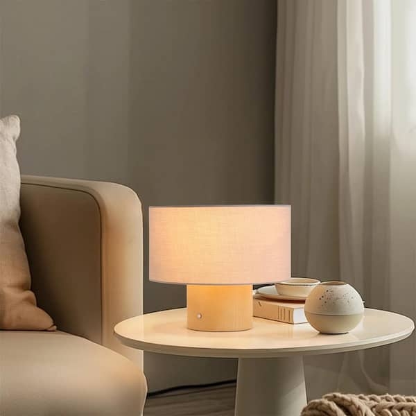 Table Lamp Natural Wood Base Grey Linen Drum Shade Compact Style
