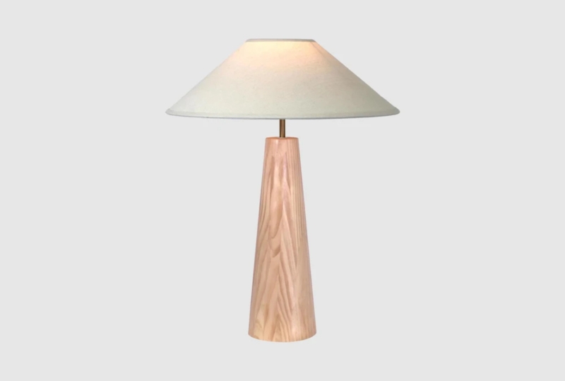Table Lamp Natural Wood Grain Tapered Cone Base Sculptural Scandinavian