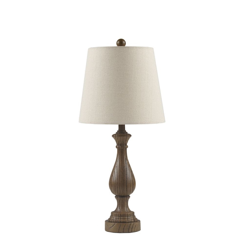 Table Lamp Natural Wood-Toned Turned Base White Drum Shade Traditional
