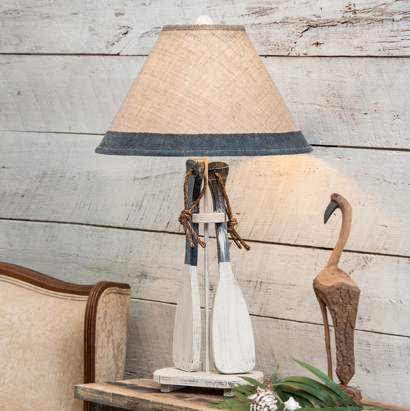 Table Lamp Nautical Navy Paddle Base Rope Wrapped Burlap Shade