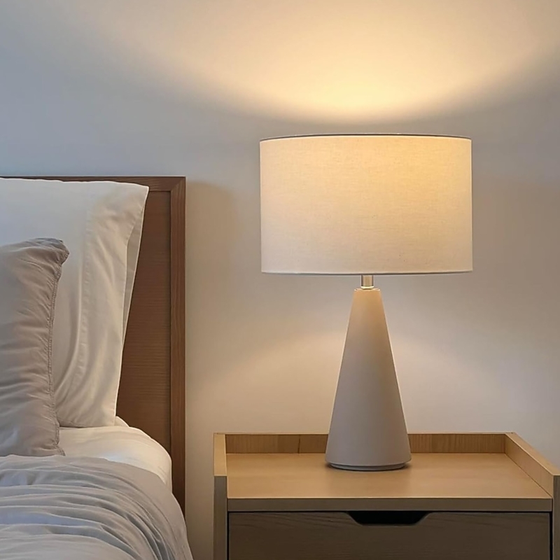 Table Lamp Open Slat Base Wood Toned Tapered Silhouette Linen Shade