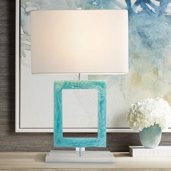 Table Lamp Open Square Base Turquoise Crackle Glaze Coastal Decor