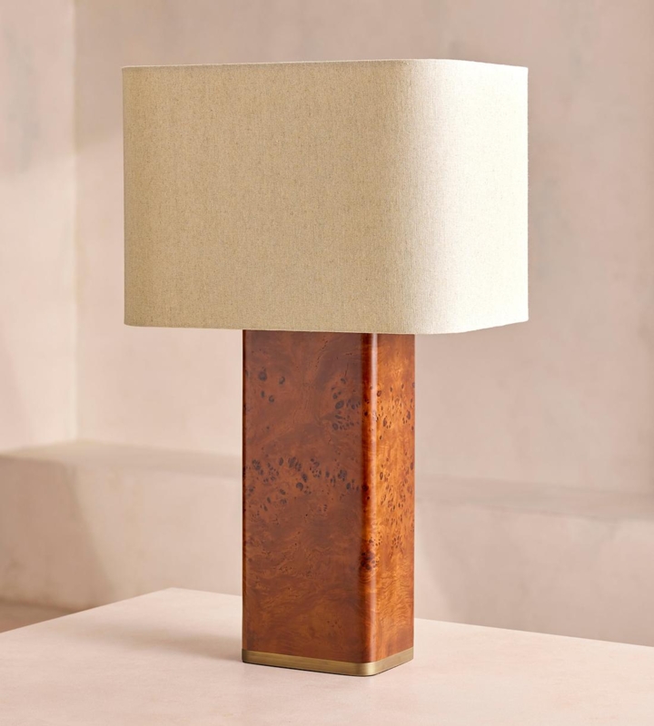Table Lamp, Organic Mappa Burl Wood Block Base.