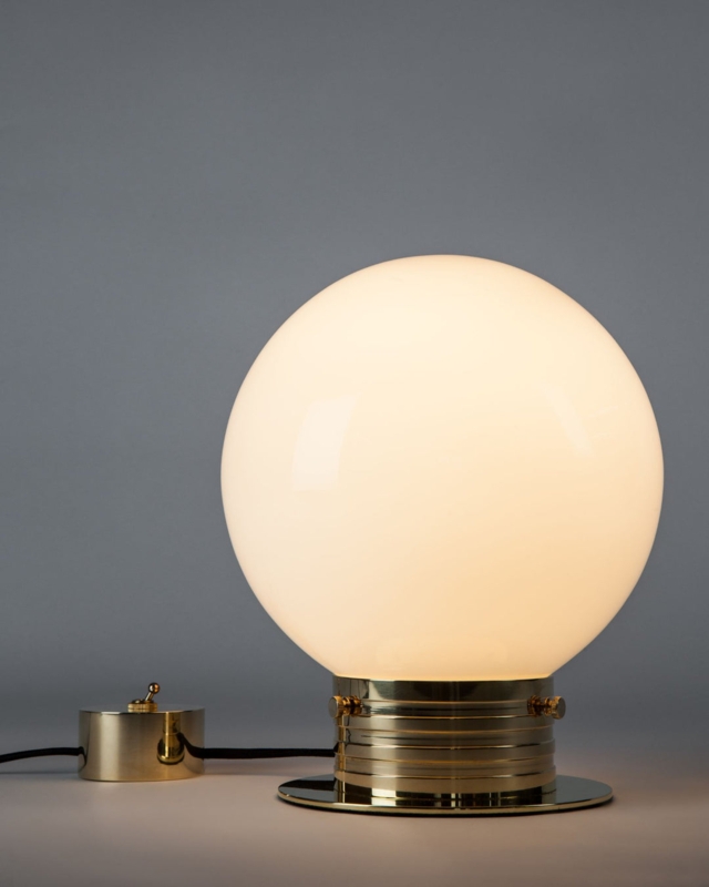 Table Lamp Organic Modern Wood Cylindrical Base Brass Rotary Dial Globe