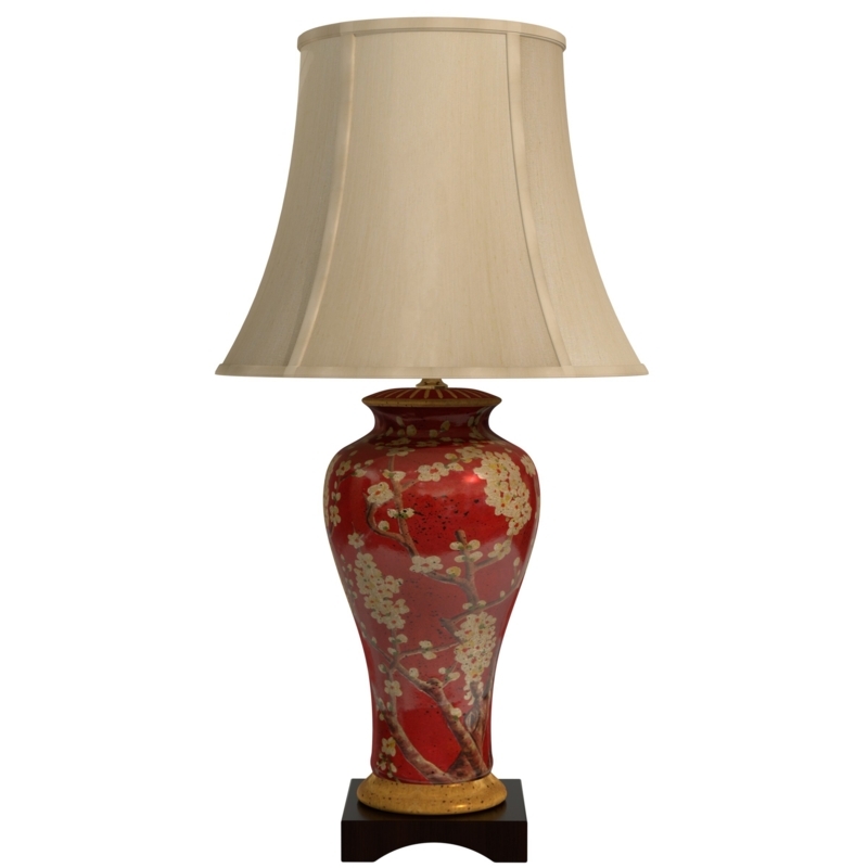 Table Lamp Oriental Floral Ceramic Glazed Vase Sakura Motif