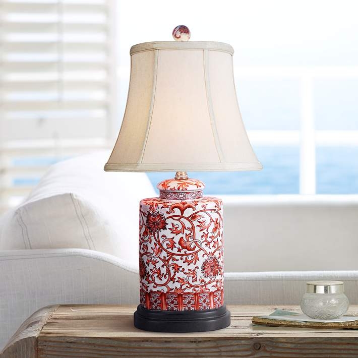 Table Lamp Oriental Style Porcelain Oval Jar Silhouette Orange Floral