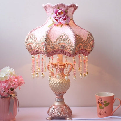 Table Lamp Ornate Urn Base Beaded Fringe Fabric Shade Romantic Accent